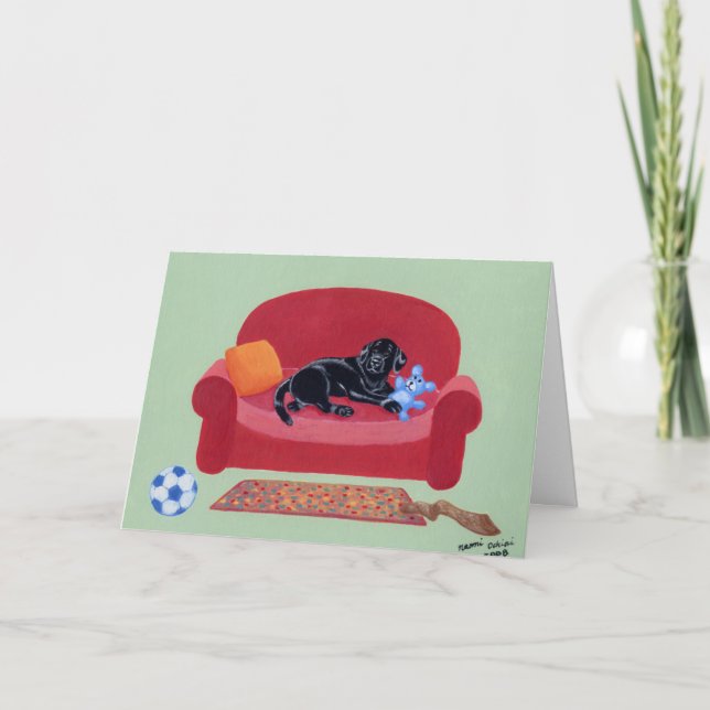 Black Labrador on the pink couch Card (Front)