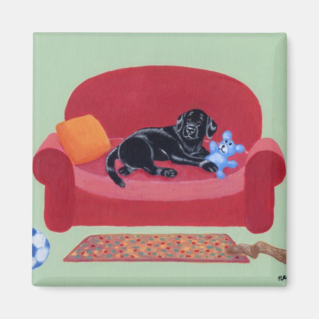 Black Labrador on the pink couch Magnet (Front)