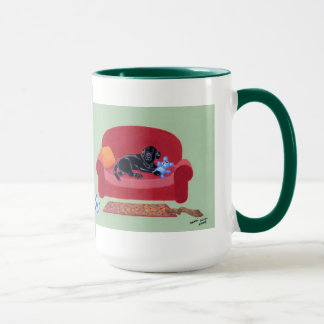Black Labrador on the pink couch Painting Mug