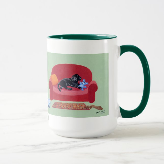 Black Labrador on the pink couch Painting Mug (Right)
