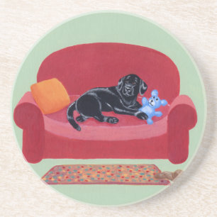 Black Labrador on the pink couch Sandstone Coaster