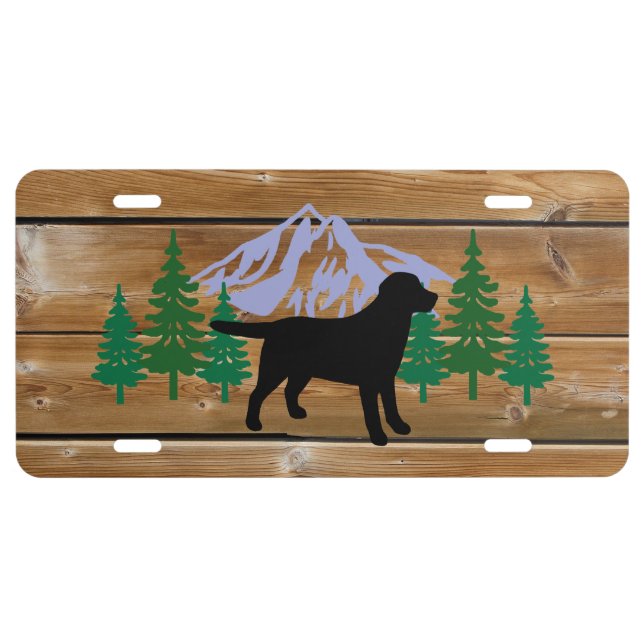 Black Labrador Outline Evergreen Trees License Plate (Front)