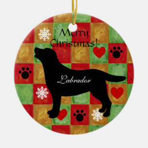 Black Labrador Outline Mosaic and Hearts Ceramic Ornament
