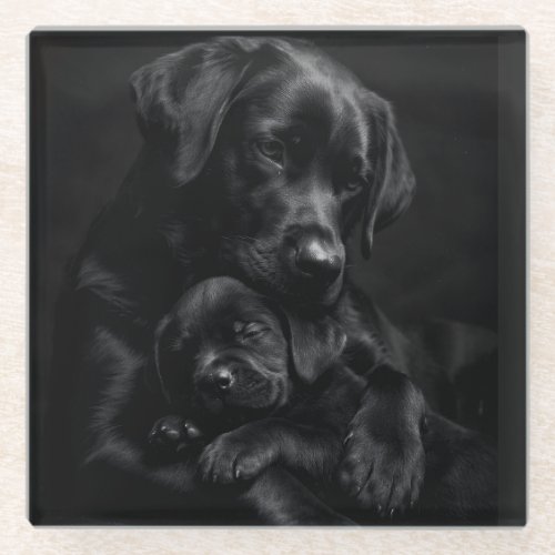Black Labrador, Parent &amp; Child: Hug of Love Glass Coaster