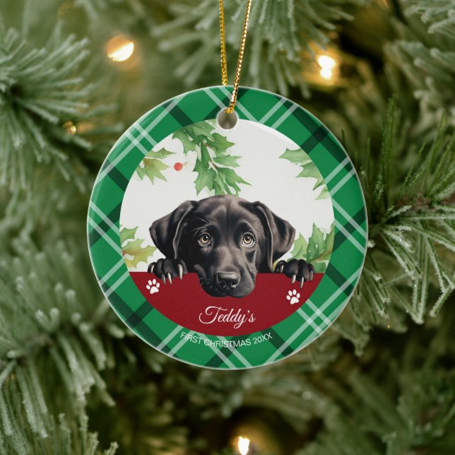 Black Labrador Personalized First Christmas Ceramic Ornament (Tree)