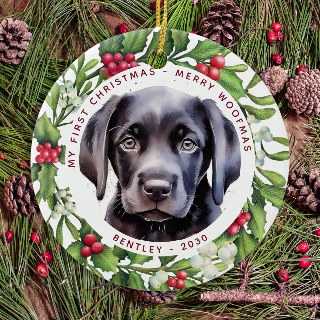 Black Labrador Personalized Puppy Dog Christmas Ceramic Ornament (Creator Uploaded)