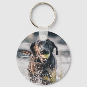 Black Labrador Plays Fetch In Water Keychain