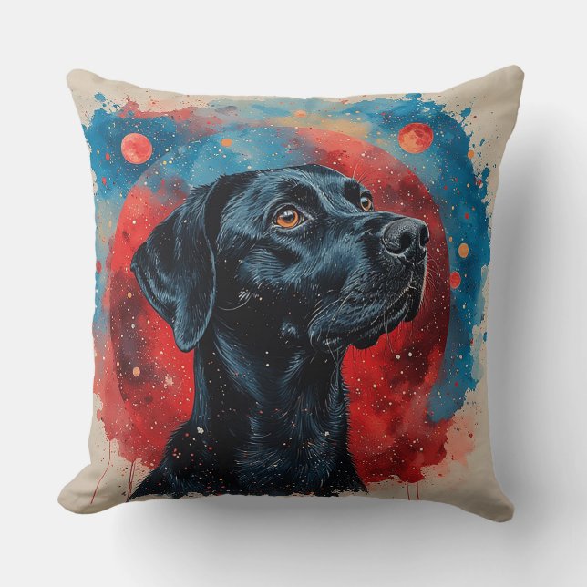 Black Labrador Portrait in a Cosmic Space Throw Pillow (Front)