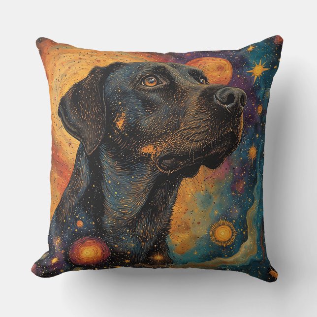 Black Labrador Portrait in a Cosmic Space Throw Pillow (Front)