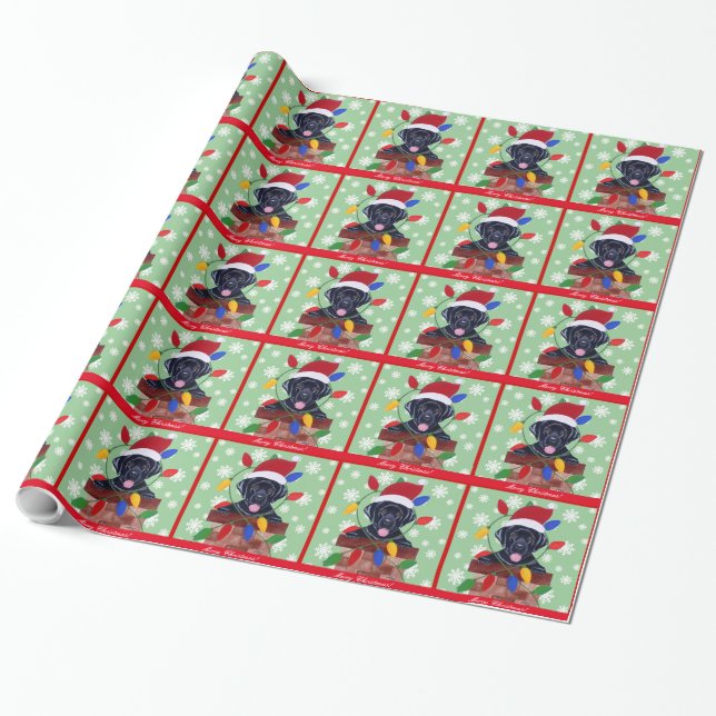 Black Labrador Puppy Christmas Santa Wrapping Paper (Unrolled)