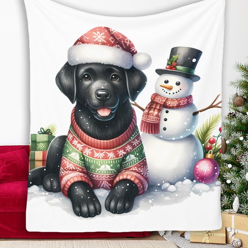 Black Labrador Puppy Dog Snowman Winter Holiday Fleece Blanket