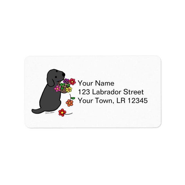 Black Labrador Puppy Flower Basket Cartoon Label (Front)