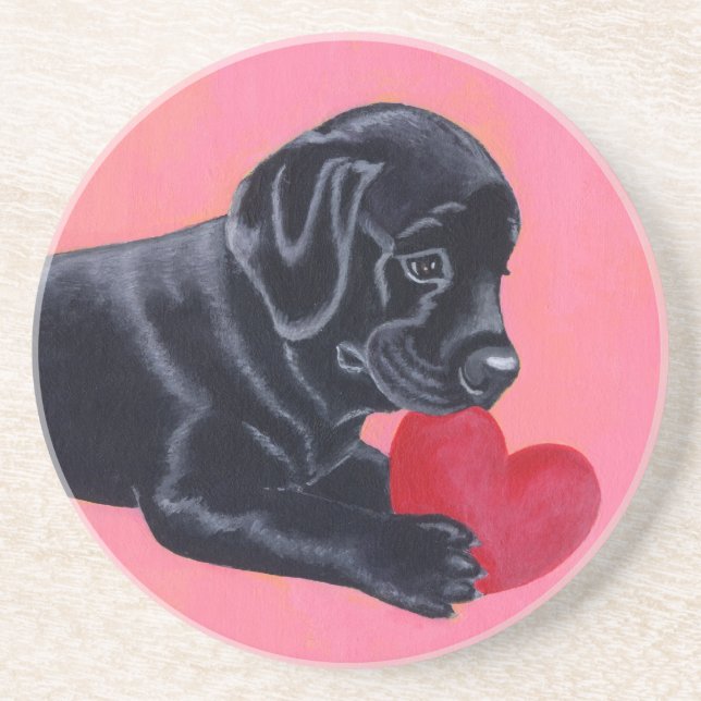Black Labrador Puppy & Heart Painting Coaster (Front)