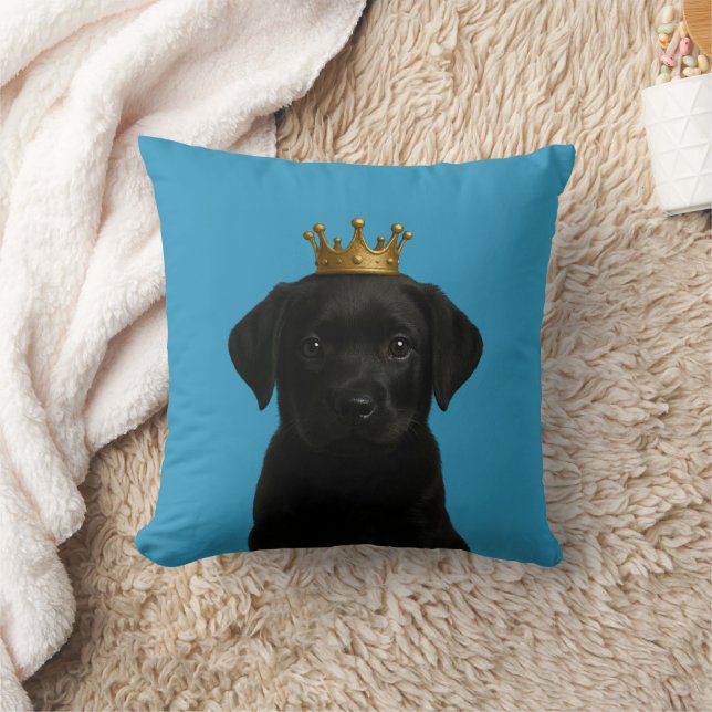 Black Labrador Puppy in Gold Crown Cute Throw Pillow (Blanket)