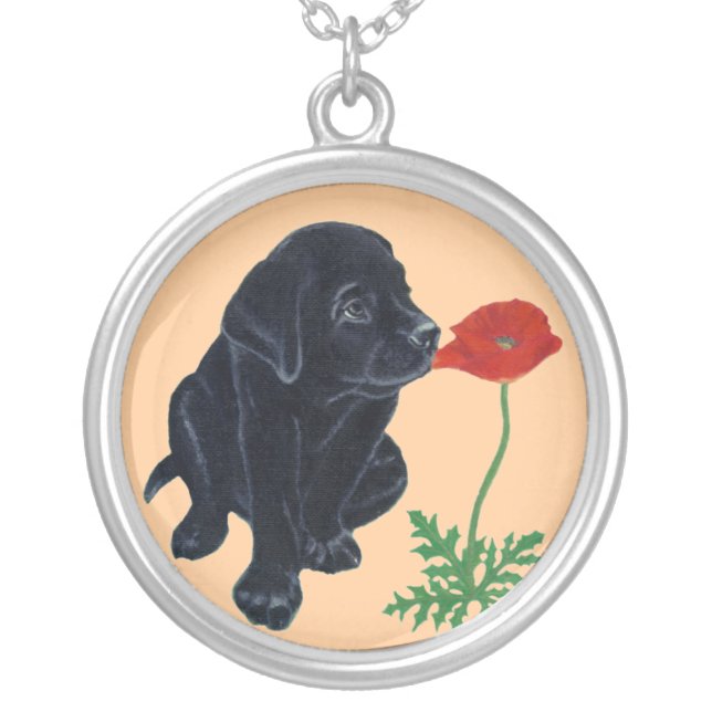 Black Labrador Puppy & Poppy Painting Silver Plated Necklace (Front)