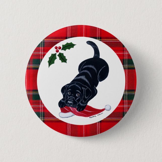 Black Labrador Puppy & Santa Hat Christmas Button (Front)