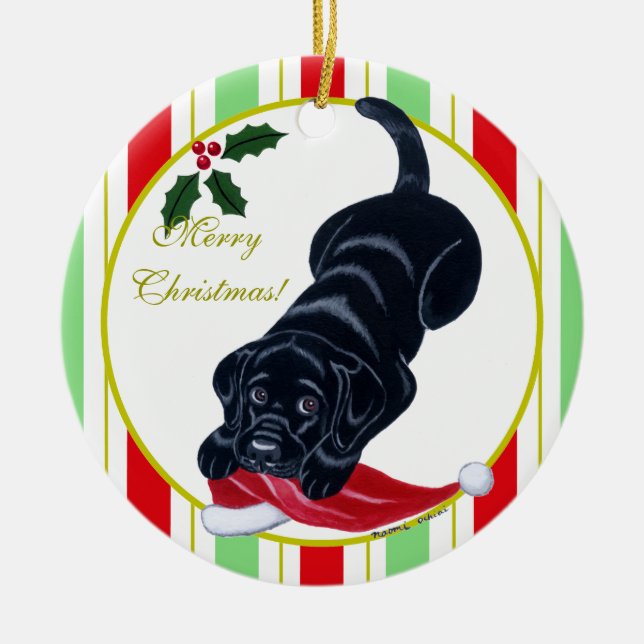 Black Labrador Puppy & Santa Hat Christmas Ceramic Ornament (Front)