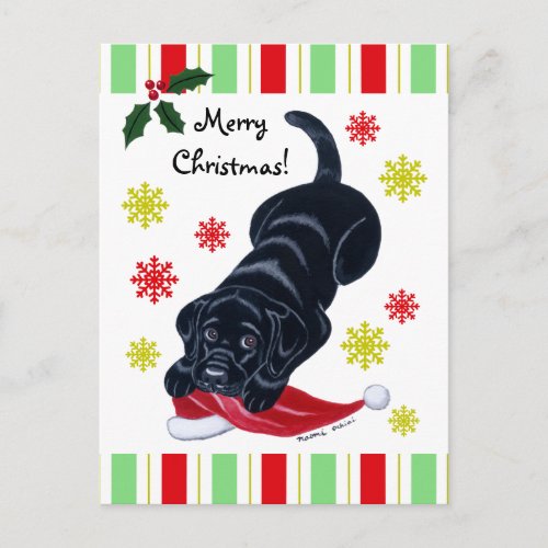 Black Labrador Puppy  Santa Hat Christmas Holiday Postcard