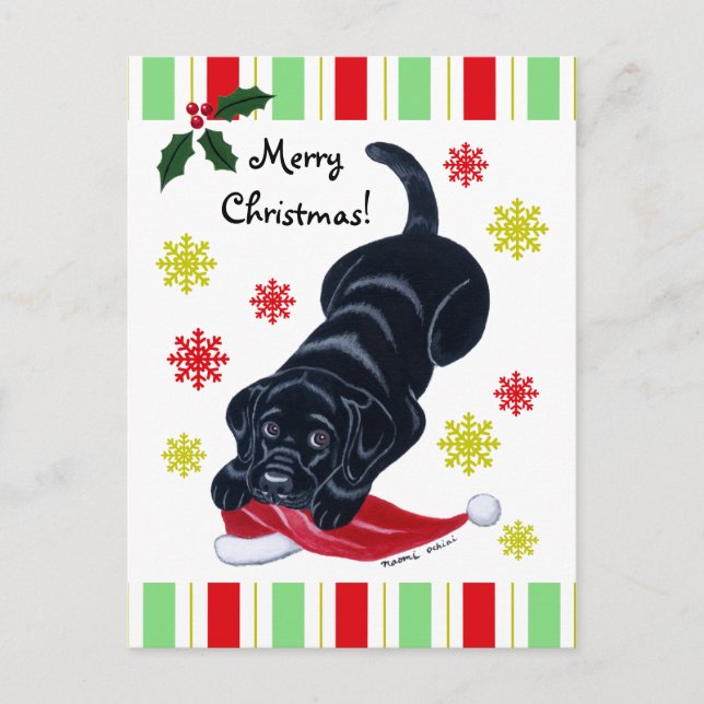 Black Labrador Puppy & Santa Hat Christmas Holiday Postcard (Front)