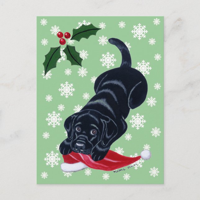 Black Labrador Puppy & Santa Hat Christmas Holiday Postcard (Front)