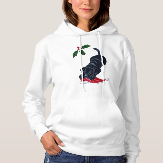 Black Labrador Puppy & Santa Hat Christmas Hoodie (Front)
