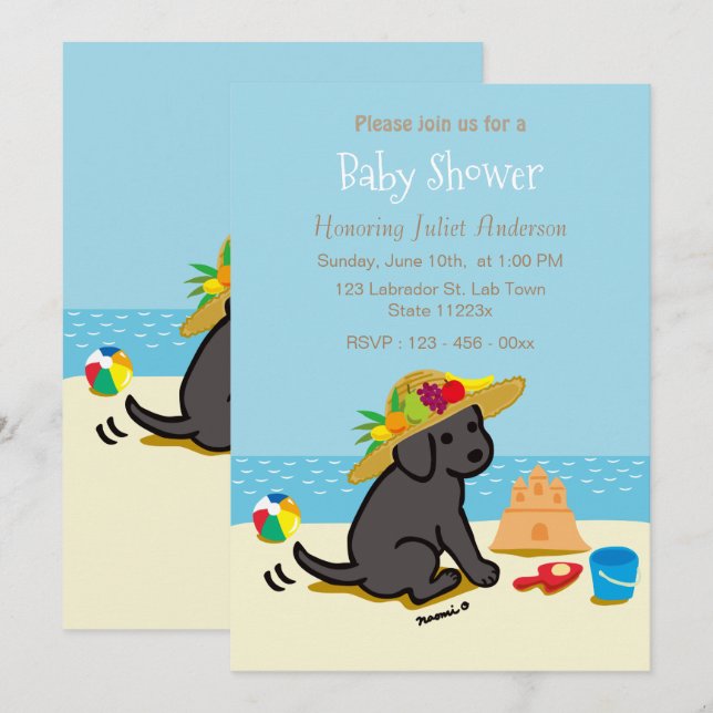 Black Labrador Puppy Straw Hat Baby Shower Invitation (Front/Back)