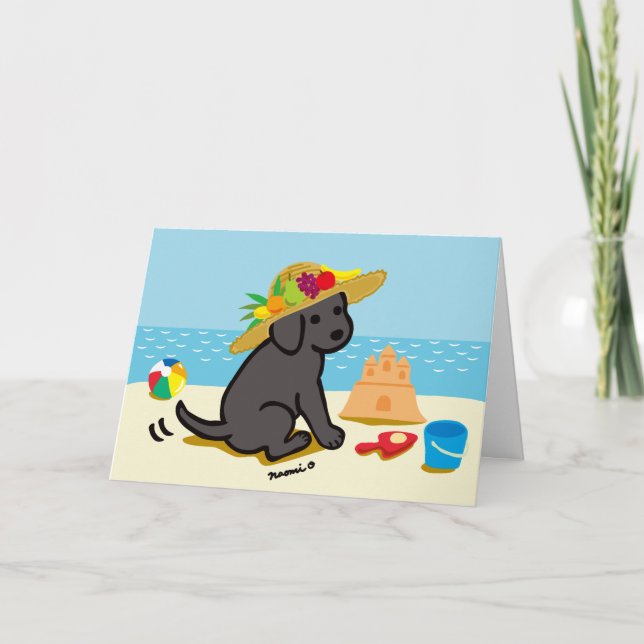 Black Labrador Puppy Straw Hat Cartoon Card (Front)