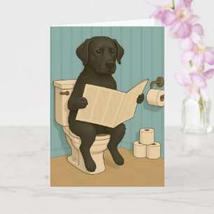 Black Labrador Reading Newspaper on Toilet Card