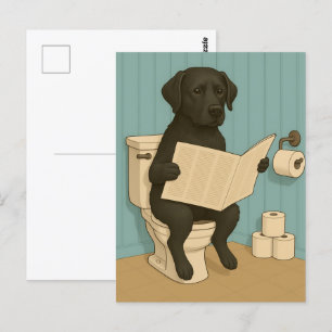 Black Labrador Reading Newspaper on Toilet Postcard