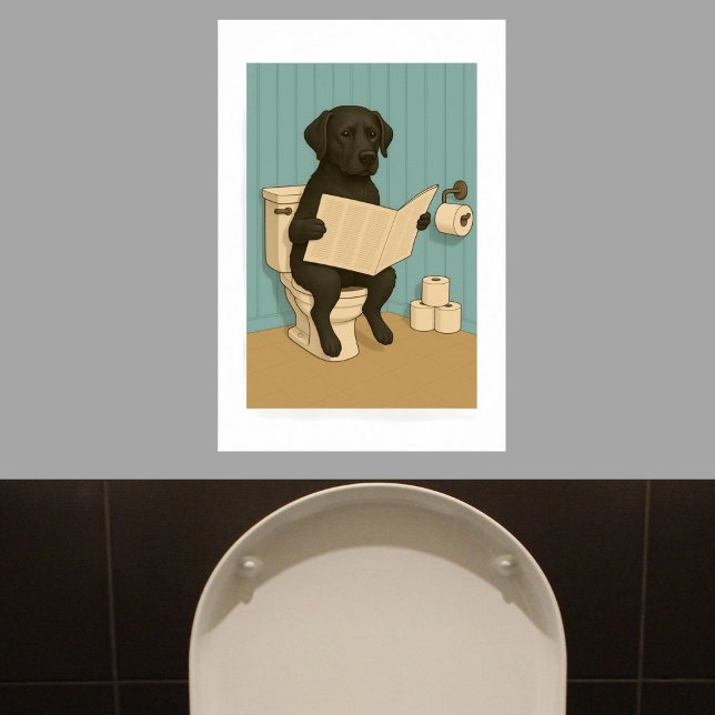 Black Labrador Reading Newspaper on Toilet Poster (Black Labrador Reading Newspaper on Toilet Poster by Ricaso. Fun humor print for dog lovers)