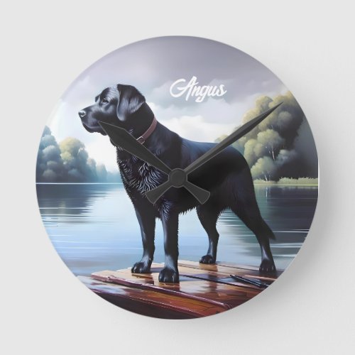 Black Labrador Retriever and Lake Round Clock