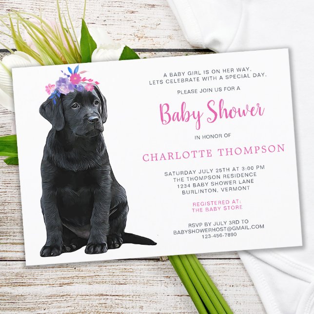 Black Labrador Retriever Baby Shower Pink Girl Invitation