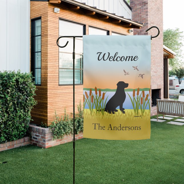 Black Labrador Retriever Bird Dog Sunset Garden Flag (Personalized Black Labrador Retriever Bird Dog  Sunset Design Garden Flag for Black Labrador Owners.)