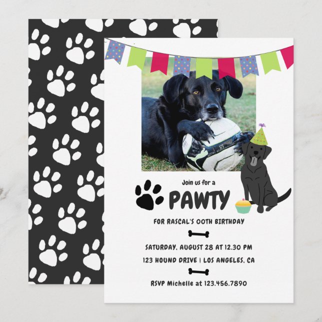 Black Labrador Retriever Birthday photo invite (Front/Back)
