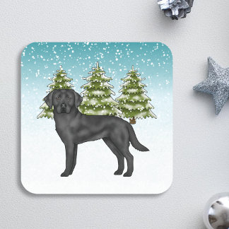 Black Labrador Retriever Blue Snowy Winter Forest Square Sticker