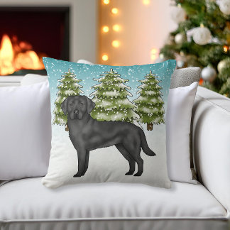 Black Labrador Retriever Blue Snowy Winter Forest Throw Pillow