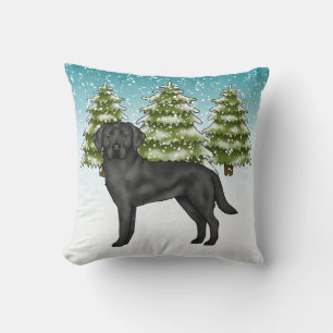 Black Labrador Retriever Blue Snowy Winter Forest Throw Pillow