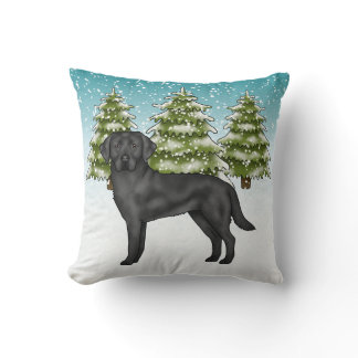Black Labrador Retriever Blue Snowy Winter Forest Throw Pillow