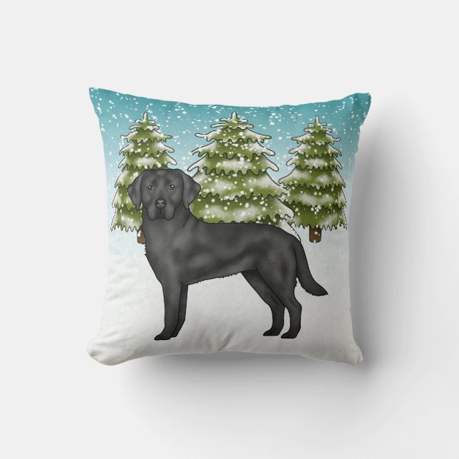 Black Labrador Retriever Blue Snowy Winter Forest Throw Pillow (Front)