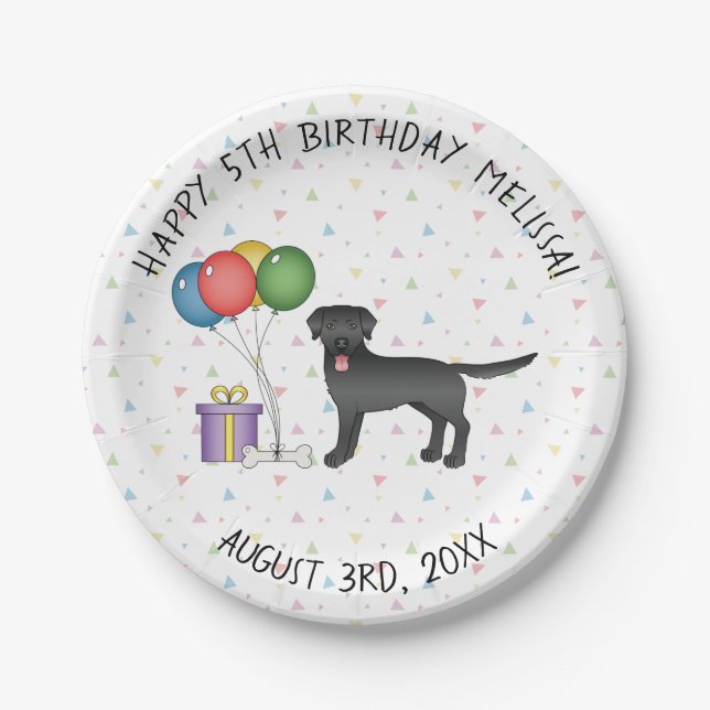 Black Labrador Retriever Cartoon Dog - Birthday Paper Plates (Front)