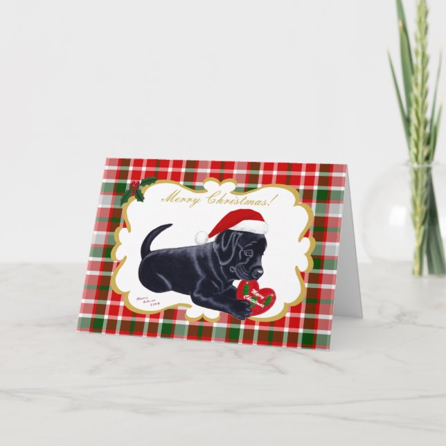Black Labrador Retriever Christmas Tartan Holiday Card (Front)