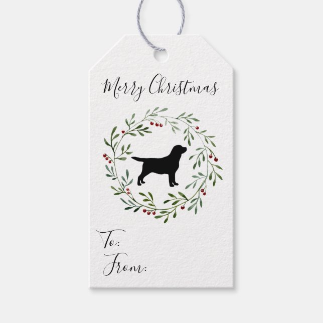 Black Labrador Retriever Christmas Wreath Dog Gift Tags (Front)