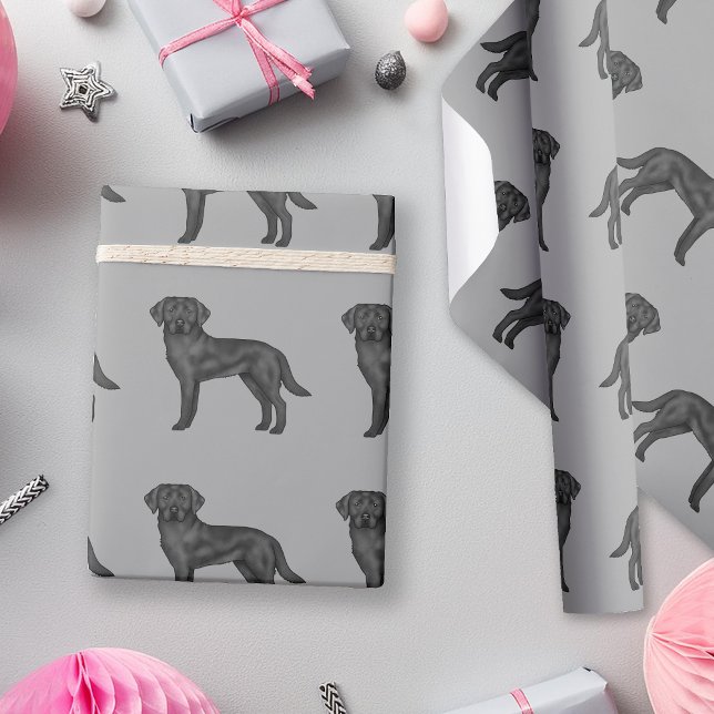 Black Labrador Retriever Cute Lab Dog Pattern Gray Wrapping Paper (Creator Uploaded)