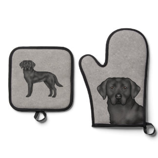 Black Labrador Retriever Cute Pet Dog Print Gray Oven Mitt & Pot Holder Set