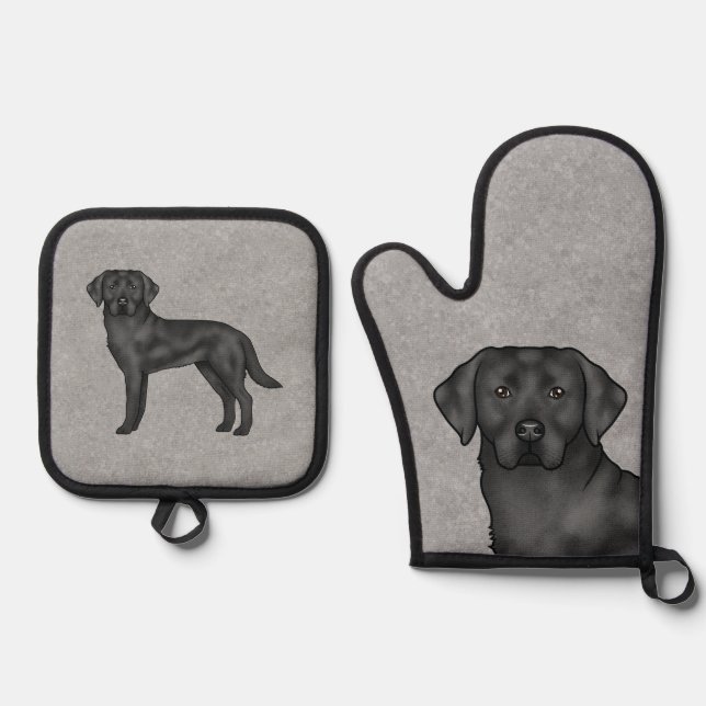 Black Labrador Retriever Cute Pet Dog Print Gray Oven Mitt & Pot Holder Set (Front)