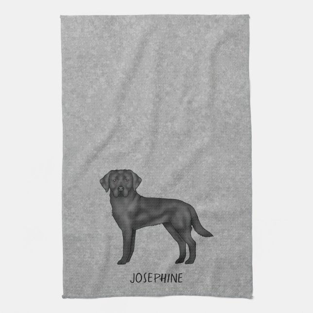 Black Labrador Retriever Dog And Custom Name Gray Kitchen Towel (Vertical)
