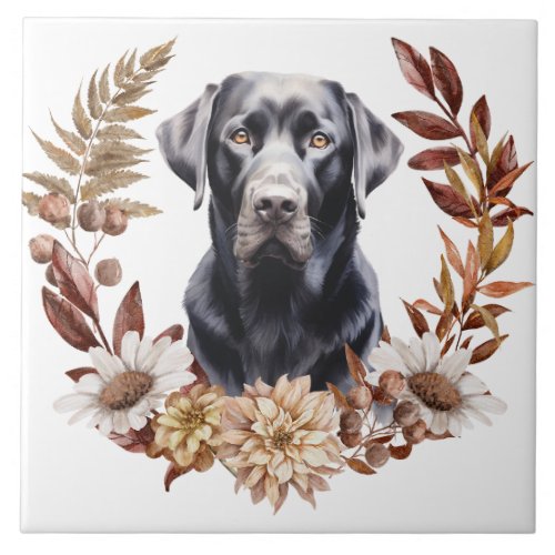 Black Labrador Retriever Dog Autumn Wreath Ceramic Tile
