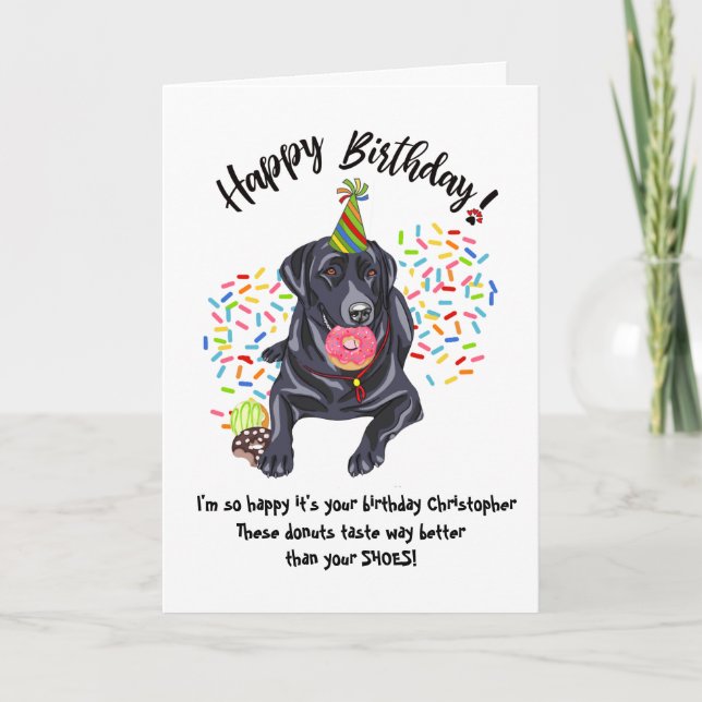 Black Labrador Retriever Dog Birthday Card Donuts (Front)