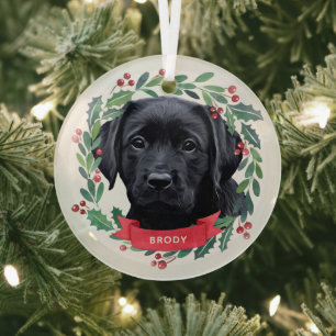 Black Labrador Retriever Dog Christmas Watercolor Glass Ornament