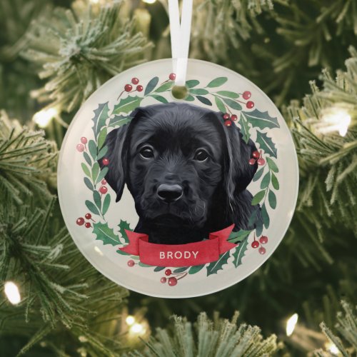 Black Labrador Retriever Dog Christmas Watercolor  Glass Ornament